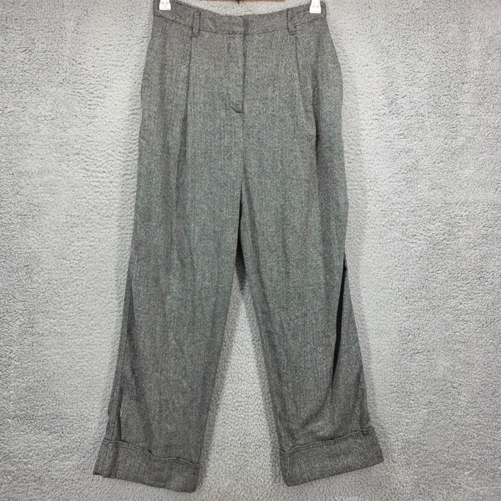 Zara Womens Grey Herringbone Pleated Wide Leg Wool Blend Trousers Size Small